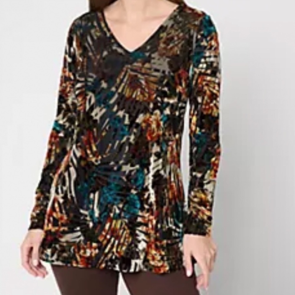 Attitudes by Renee Burnout Knit Floral Long Sleeve V Neck Tunic Top Plus Size 2X
